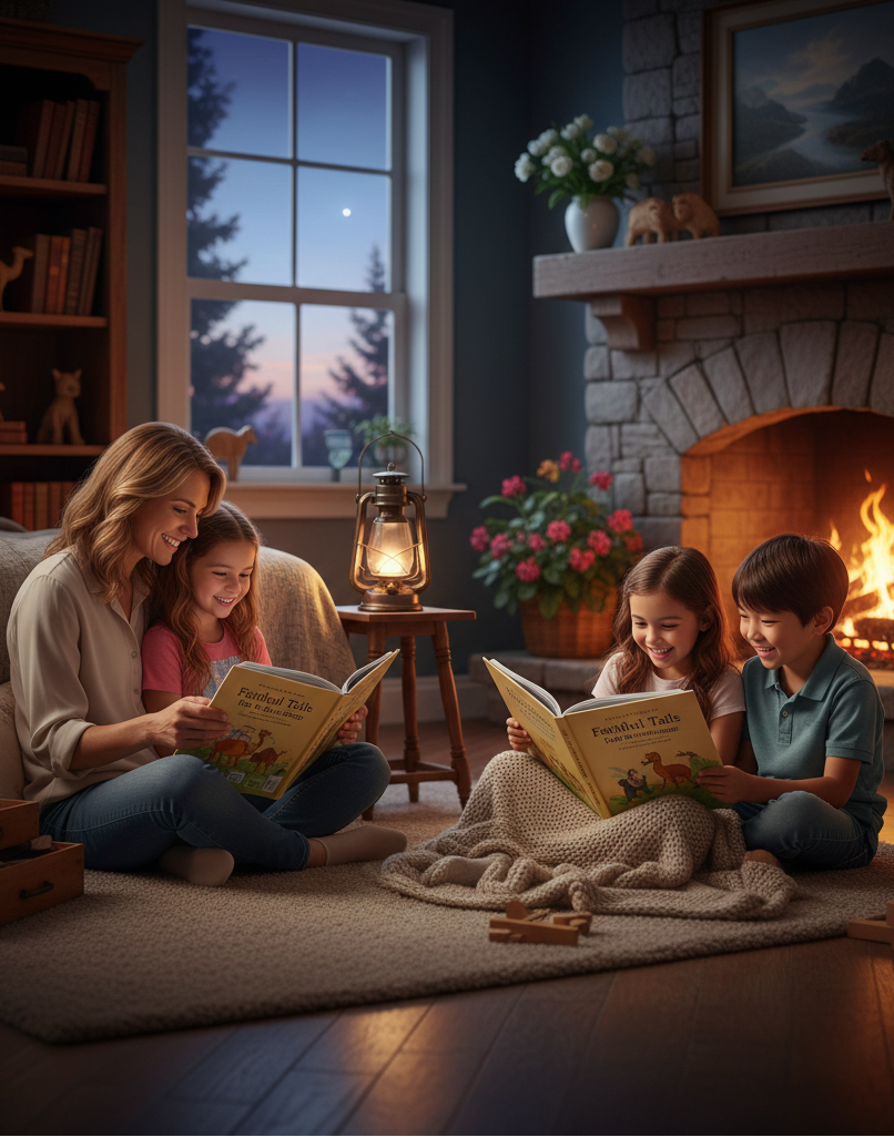 Family reading books together in a cozy living room with a fireplace.